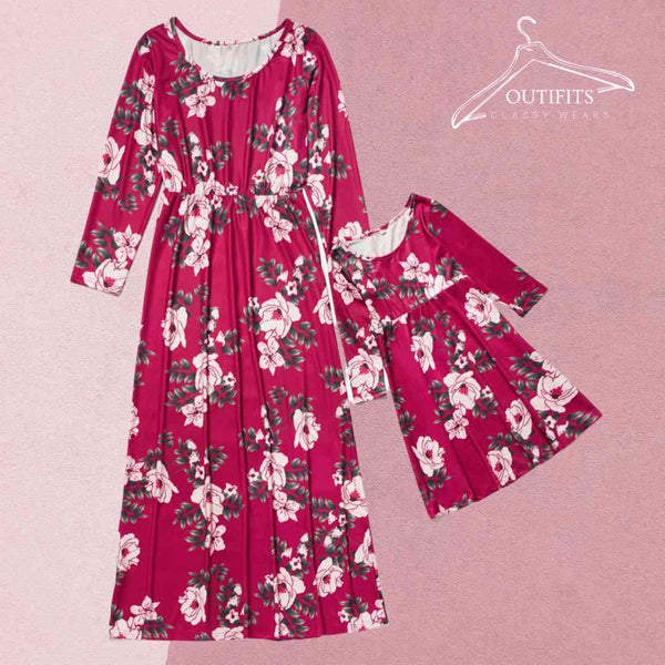 Wine Red Floral Printed Mom and Daughter Matching Dress | Mommy and me outfits