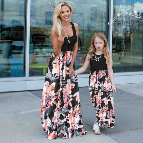 Autumn Floral Printed Mom and Daughter Matching Dress | Mommy and me outfits