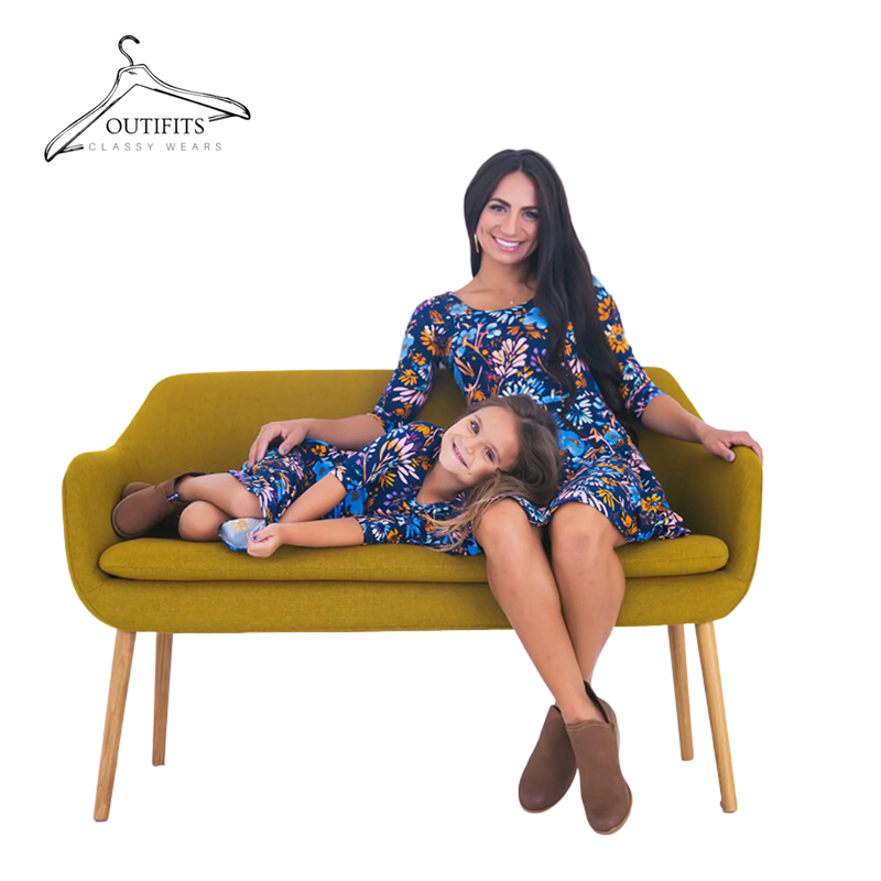  Half Sleeve Blue Floral Printed Mom and Daughter Mini Dress | Mommy and Me Clothes