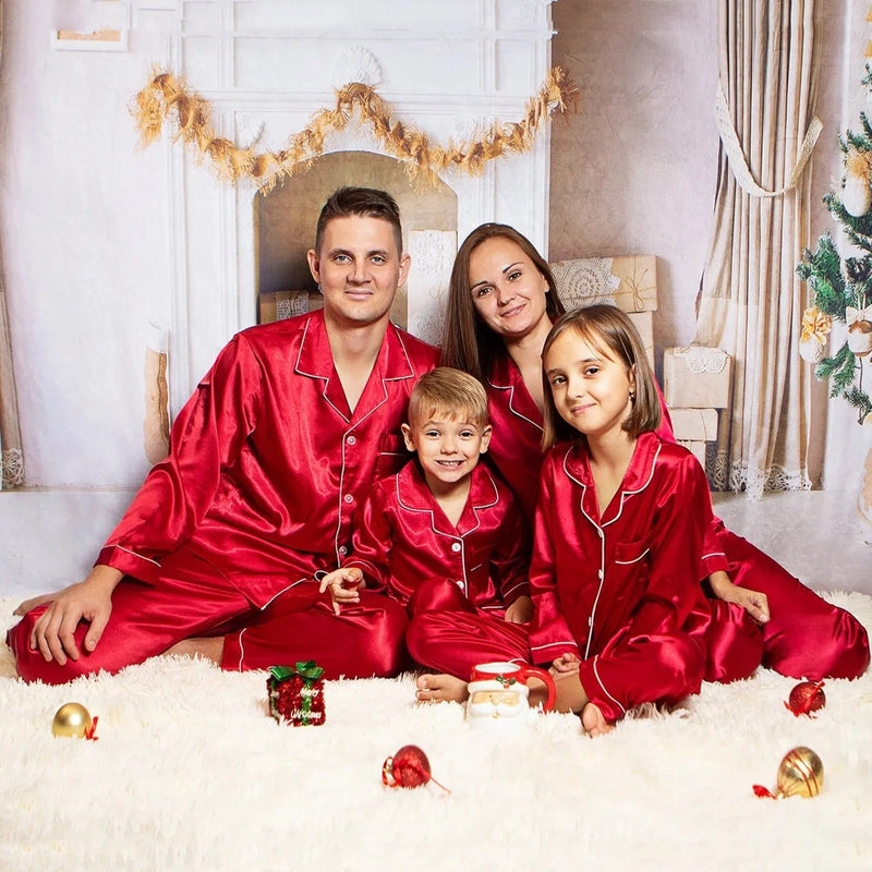 Silk Family Matching Pajamas Sleepwear Satin Tops+Pants 2pcs Nightwear Pajamas Loungewear Solid Matching Suits Shipping from USA