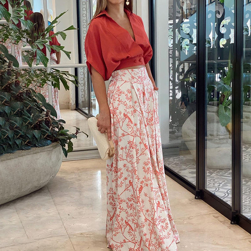 Floral Print Two-Piece Suit with High-Waisted Wide Leg Pants and Mid-Sleeve Shirt, featuring a Zipper and Loose Pockets