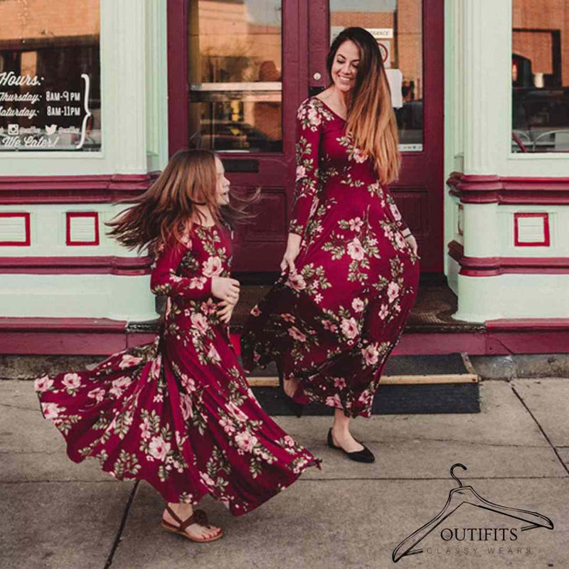 Wine Red Floral Printed Mom and Daughter Matching Dress | Mommy and me outfits