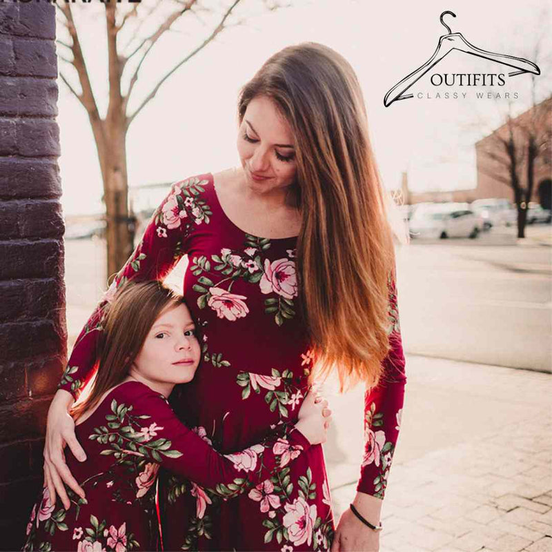 Wine Red Floral Printed Mom and Daughter Matching Dress | Mommy and me outfits