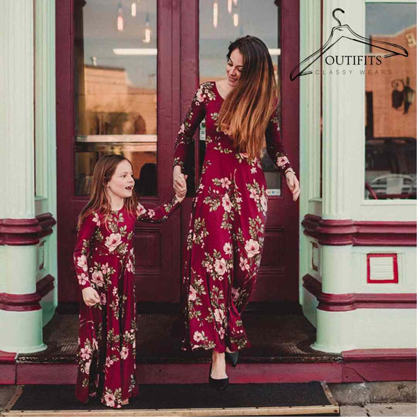 Wine Red Floral Printed Mom and Daughter Matching Dress | Mommy and me outfits