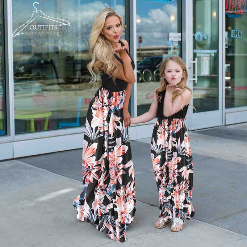 Autumn Floral Printed Mom and Daughter Matching Dress | Mommy and me outfits