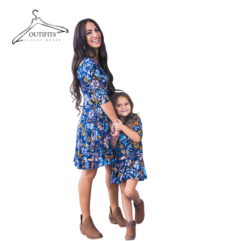  Half Sleeve Blue Floral Printed Mom and Daughter Mini Dress | Mommy and Me Clothes