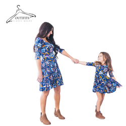  Half Sleeve Blue Floral Printed Mom and Daughter Mini Dress | Mommy and Me Clothes