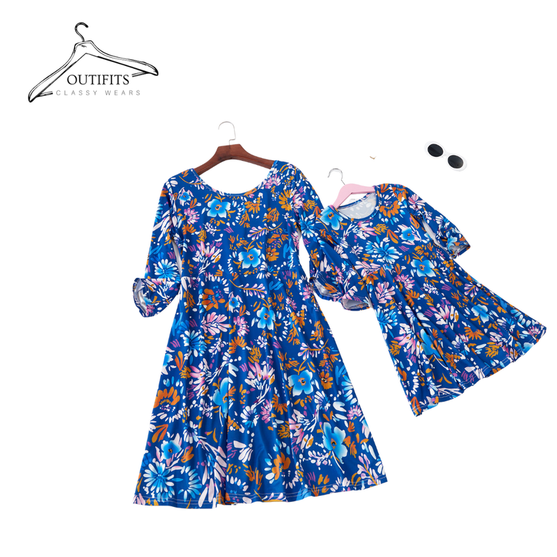  Half Sleeve Blue Floral Printed Mom and Daughter Mini Dress | Mommy and Me Clothes