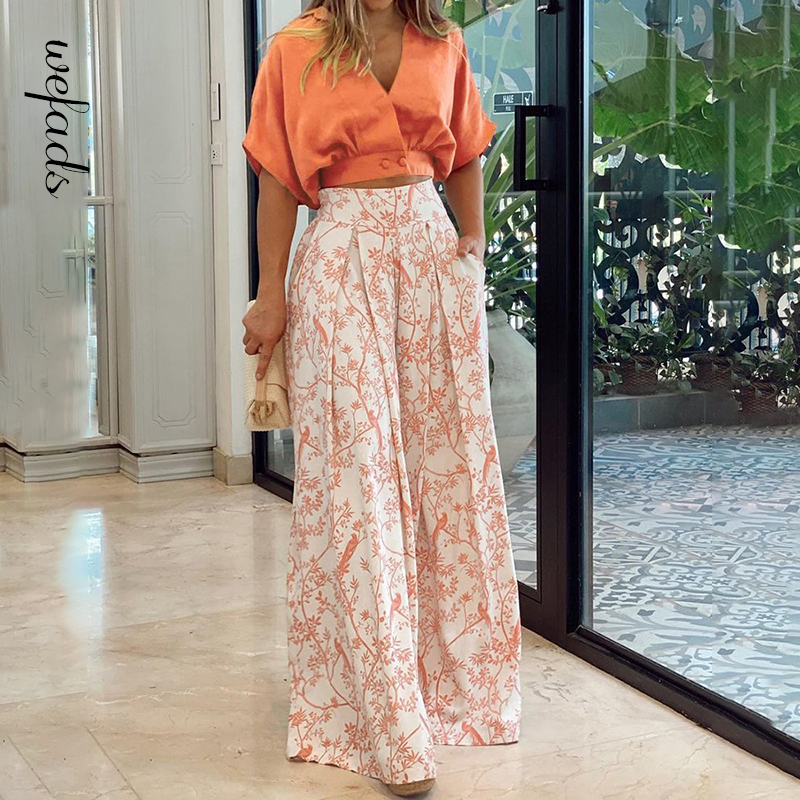 Floral Print Two-Piece Suit with High-Waisted Wide Leg Pants and Mid-Sleeve Shirt, featuring a Zipper and Loose Pockets