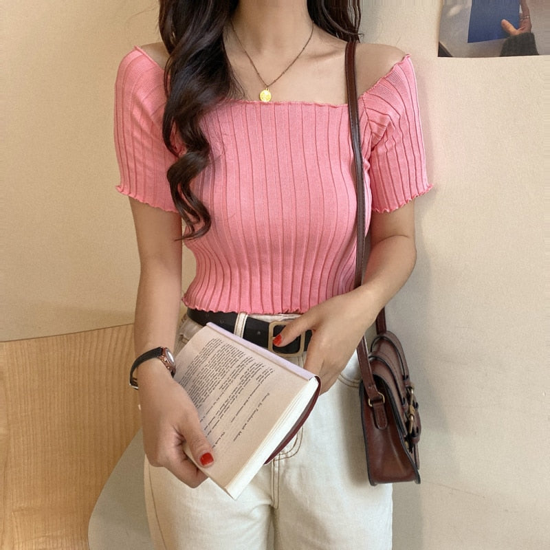 Stylish Women's Short Sleeve Knitted Crop Top: Trendy, Comfortable, and Fashionable off Shoulder Flexible T-Shirts 