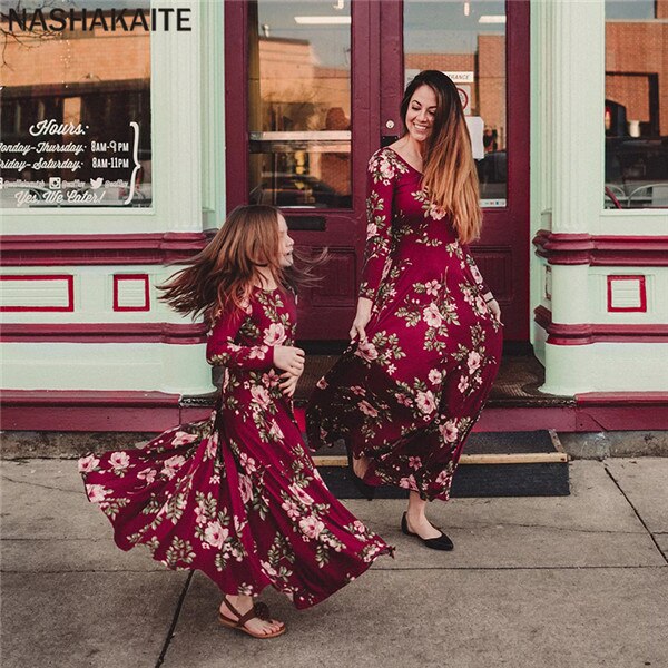 Wine Red Floral Printed Mom and Daughter Matching Dress | Mommy and me outfits